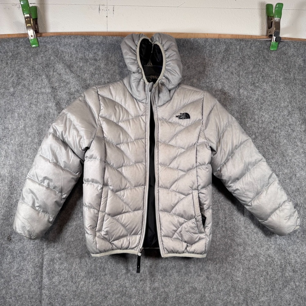 The North Face Jacket Girls Medium 550 Down Puffer Reversible Winter Silver Blk